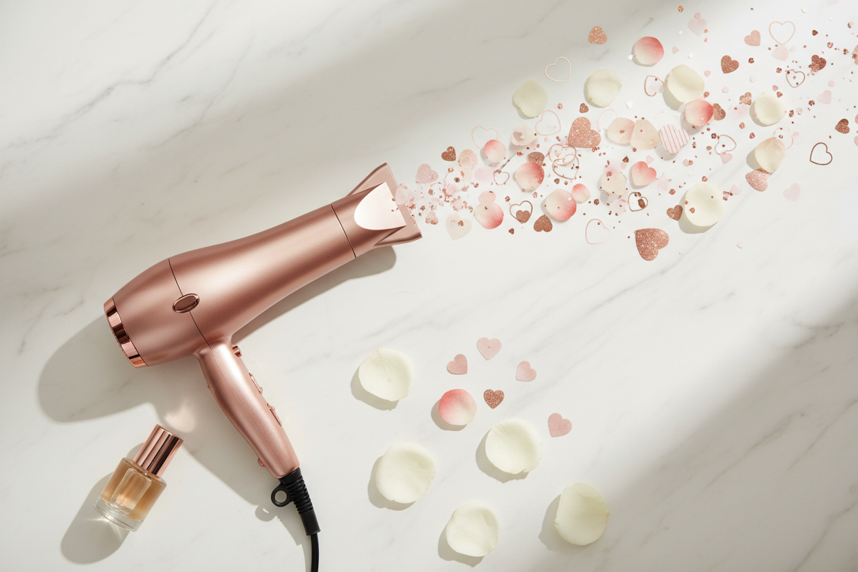 Generate a Valentine’s-inspired salon flat lay featuring hairdressing blowdryer blowing love hearts out. Elegant, calm composition. Valentine colour palette. Soft diffused lighting, no harsh shadows. Modern, refined aesthetic suitable for a premium hair salon. No cartoon styling. Timeless, understated in a subtle way.