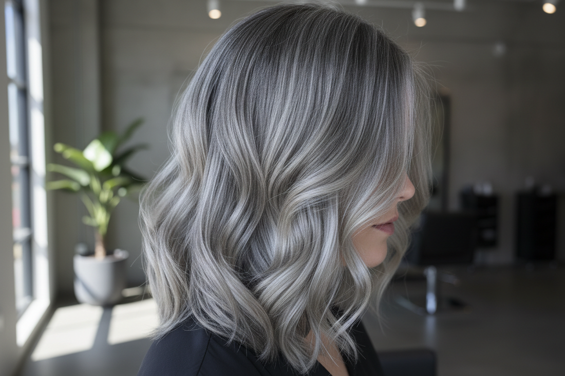 Editorial portrait of a woman with soft, natural grey-blended hair in neutral coastal lighting, representing a gentle, low-maintenance grey hair transition at Aqua Hair Pottsville.
