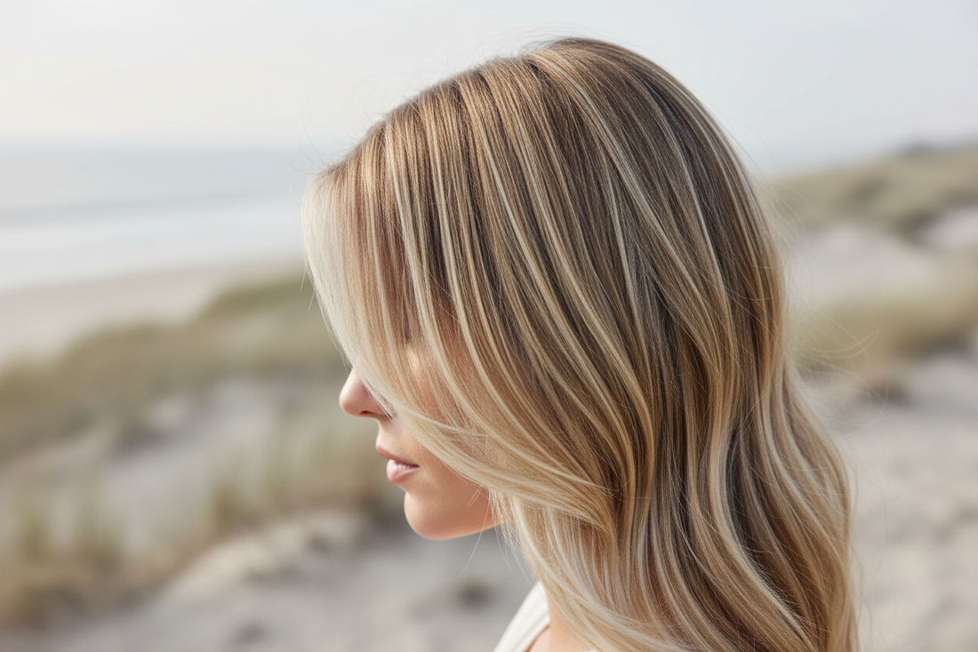 Side-angle portrait showing dimensional blonde hair with soft balayage and brighter foil highlights, captured in natural light to illustrate the differences between techniques at Aqua Hair Pottsville.