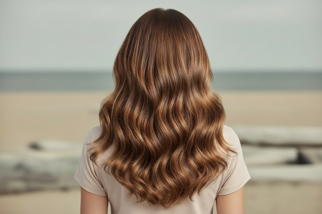 Editorial portrait of healthy, glossy hair with natural shine in neutral coastal lighting, representing expert guidance on strengthening and caring for hair between colour appointments at Aqua Hair Pottsville.