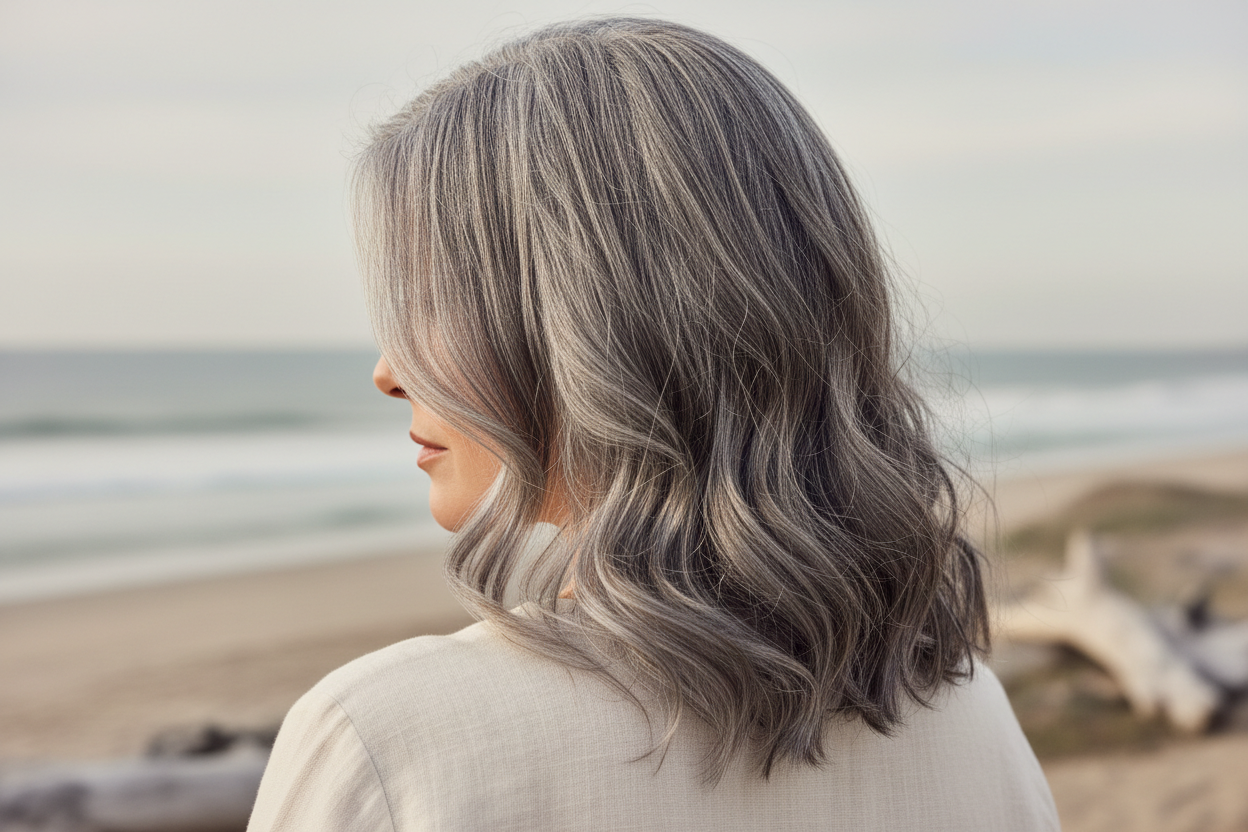 Portrait of a confident woman with natural grey-blended hair in soft natural light, set against a neutral coastal-toned background. Elegant, minimal, modern aesthetic with healthy, dimensional hair. Editorial beauty photography in Aqua Hair’s clean, coastal-luxe style.