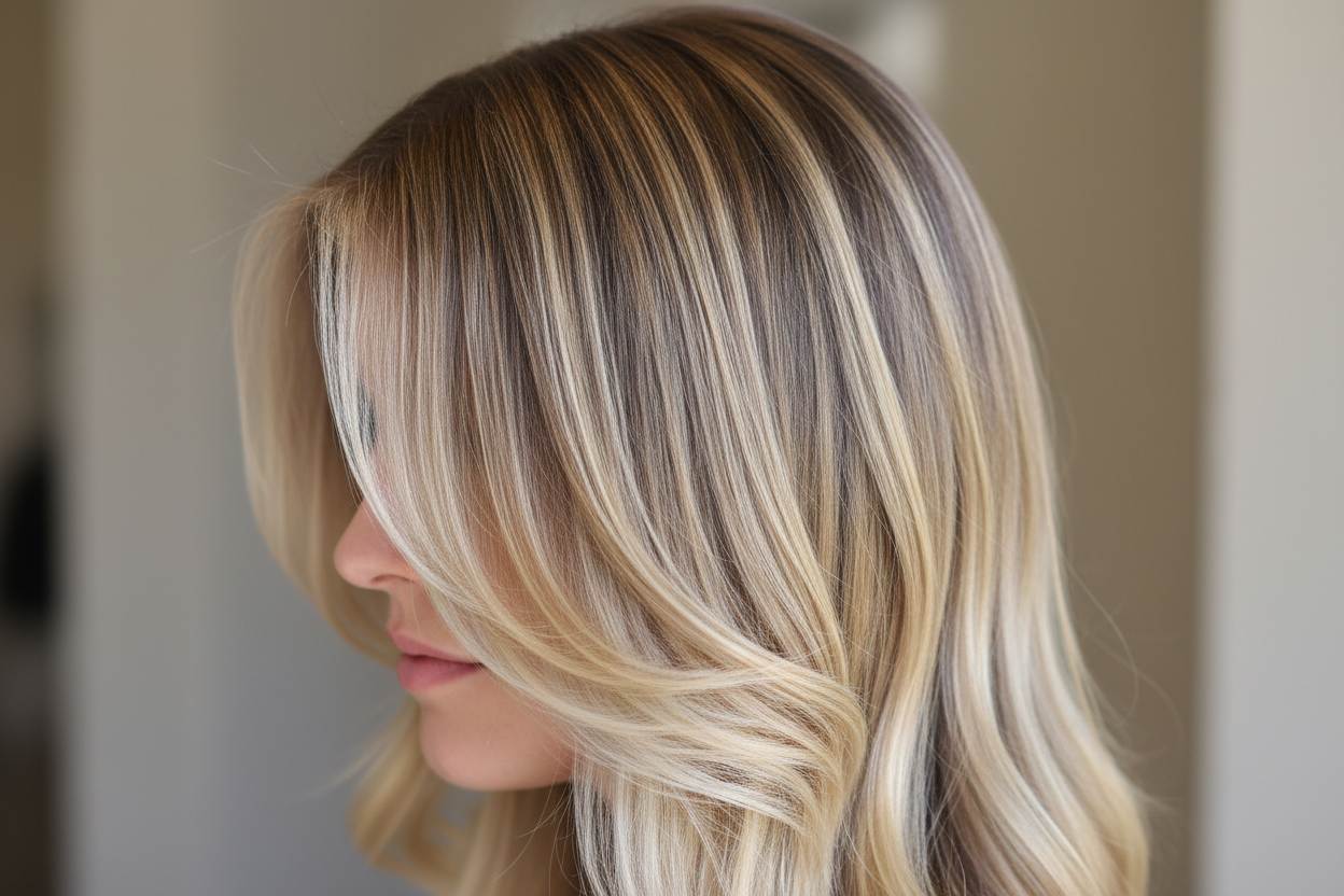 Balayage blond tones close up neutral background close up of gorgeous hair