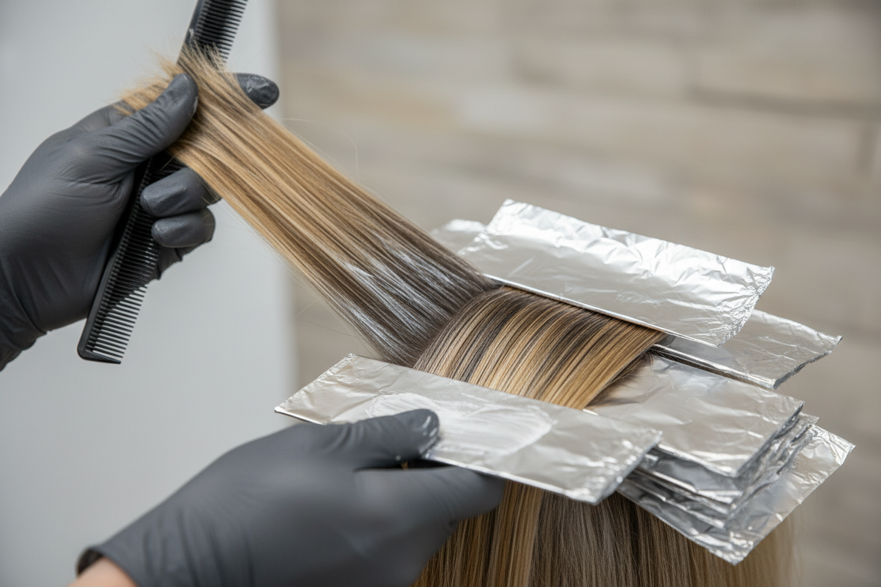 blond belangae hair being created with preofessional acuurate technique using foils by hair dresser close up do not show salon no faces neutral tones in back ground