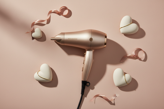 Editorial flat lay of a premium hair dryer on a neutral blush or warm nude background. Subtle Valentine’s mood created with minimal abstract heart shapes or soft sculptural accents. Muted champagne or warm metallic finish on the hair tool. Soft, diffused studio lighting. Calm, modern, refined aesthetic suitable for a luxury hair salon. No bright colours, no playful styling, no text.