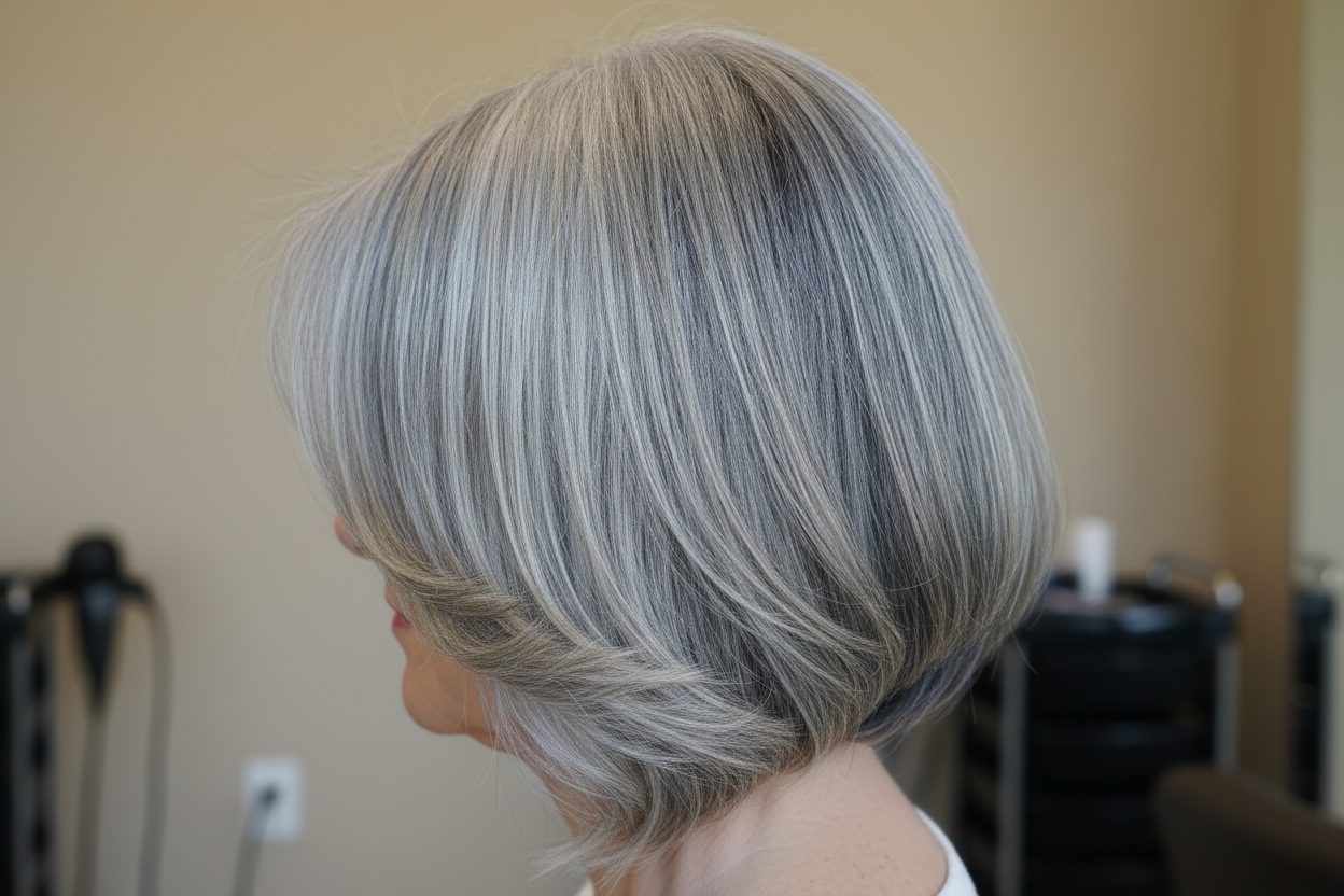 Grey blended hair on older woman do not show face perfct hair stylist result neutral back ground 