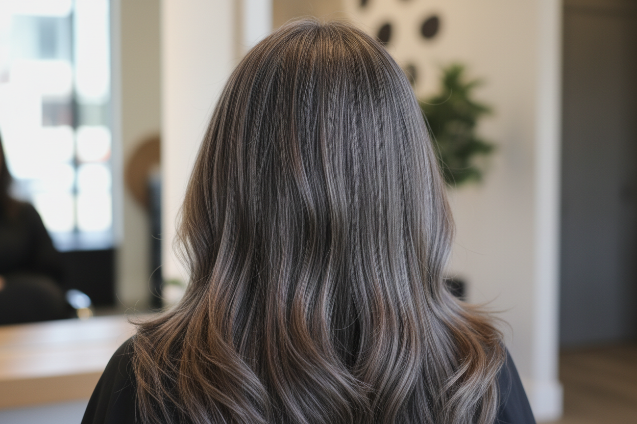 grey blending done to perfection by hair stylist longer hair with not yet full grey do not show faces