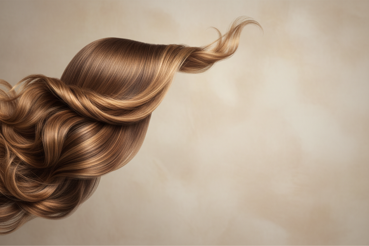 hero banner image beautiful styled longer hair on the left hand side of banner, neutral soft toned background for remainder of image 