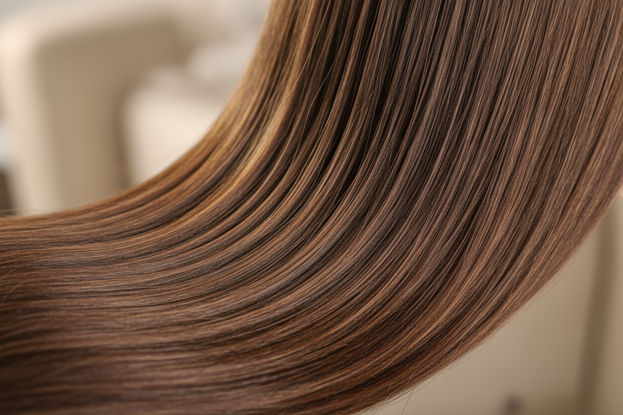 show haor that has undergone well executed Nanoplasty, soft netral back ground no salon identiables or faces